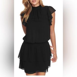 NWT 1.STATE FLUTTER SLEEVE MOCK NECK SMOCKED WAIST BLACK DRESS